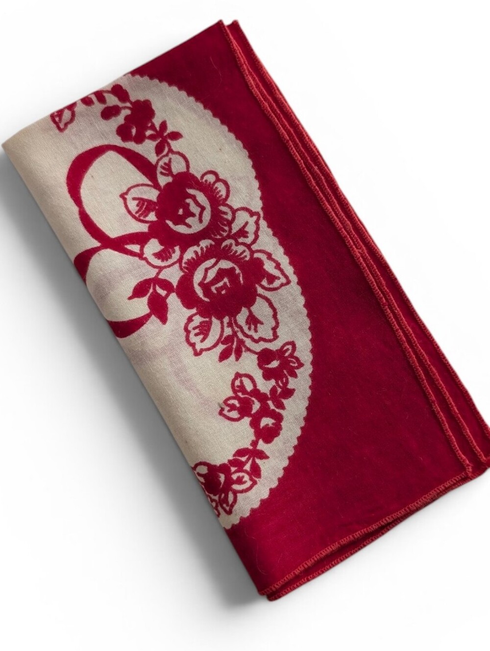 VINTAGE Hankerchief Red Cream Floral Print Retro Pocketsquare